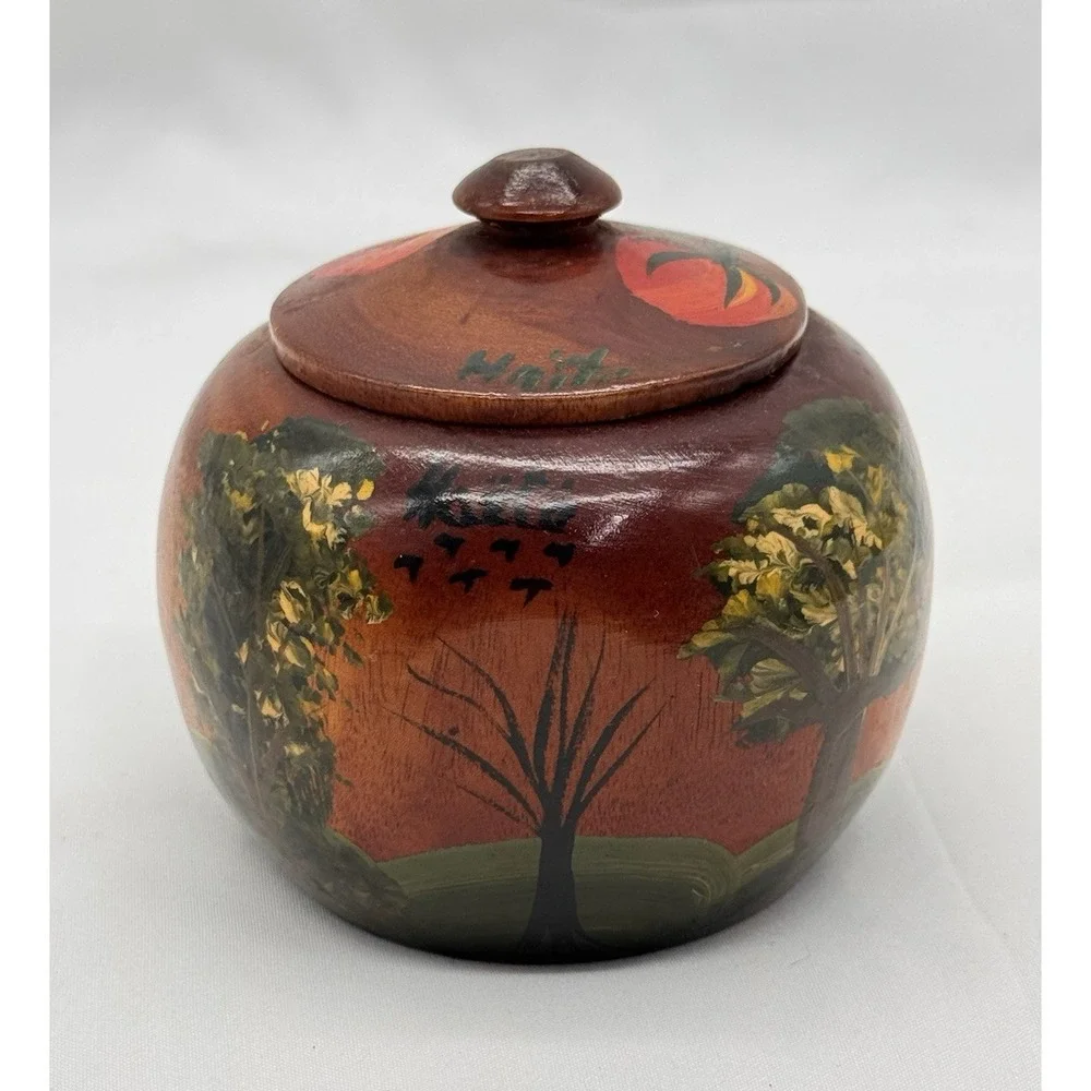 Hand Crafted & Painted Wooden Trinket Box, Spice Jar w/ Lid Folk‎ Art from HAITI